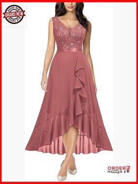 V-Neck Sleeveless Sequined Floral Lace Ruffle Split Evening Party Dress